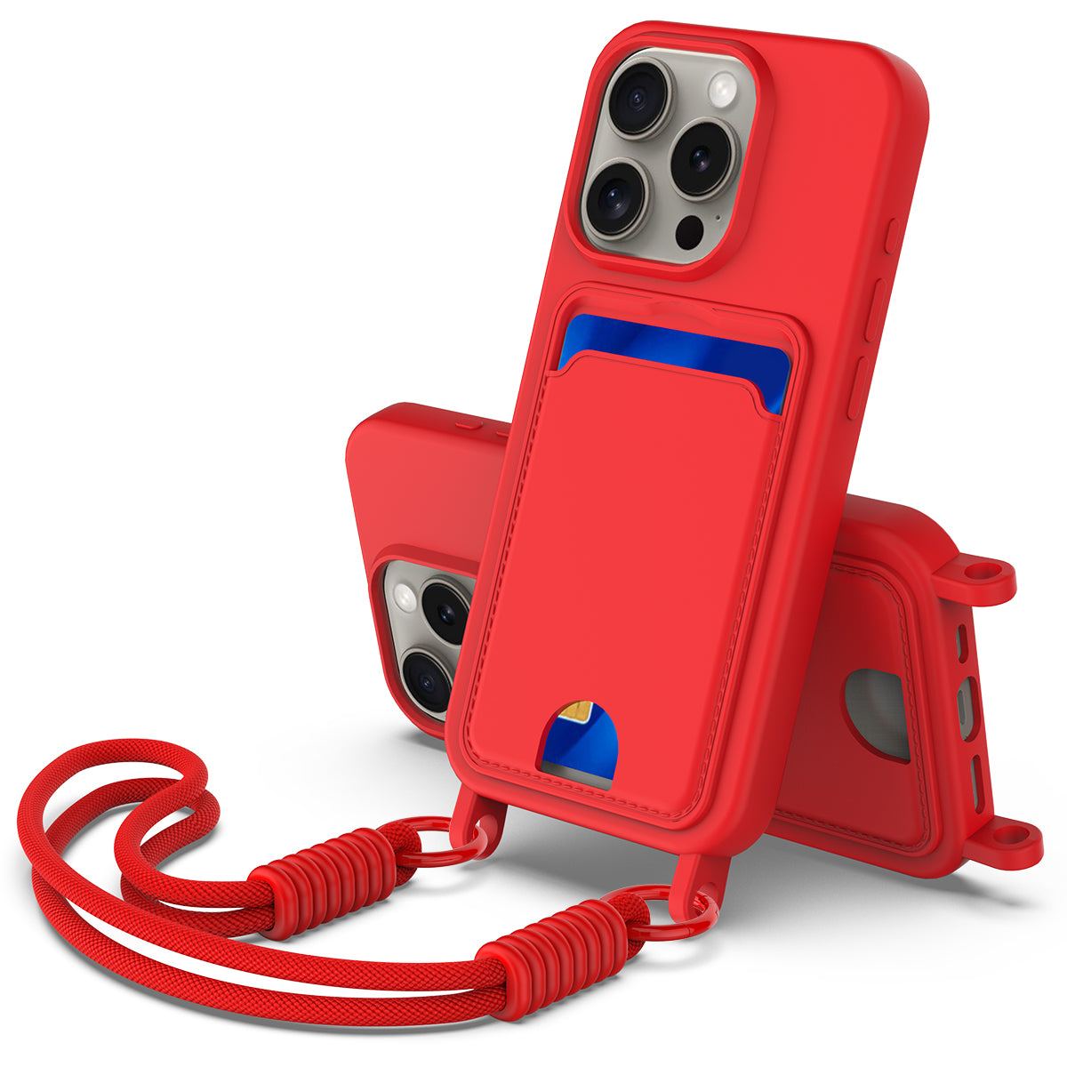 iPhone 16 Pro Silikonskal med Korthållare & Rem - Röd