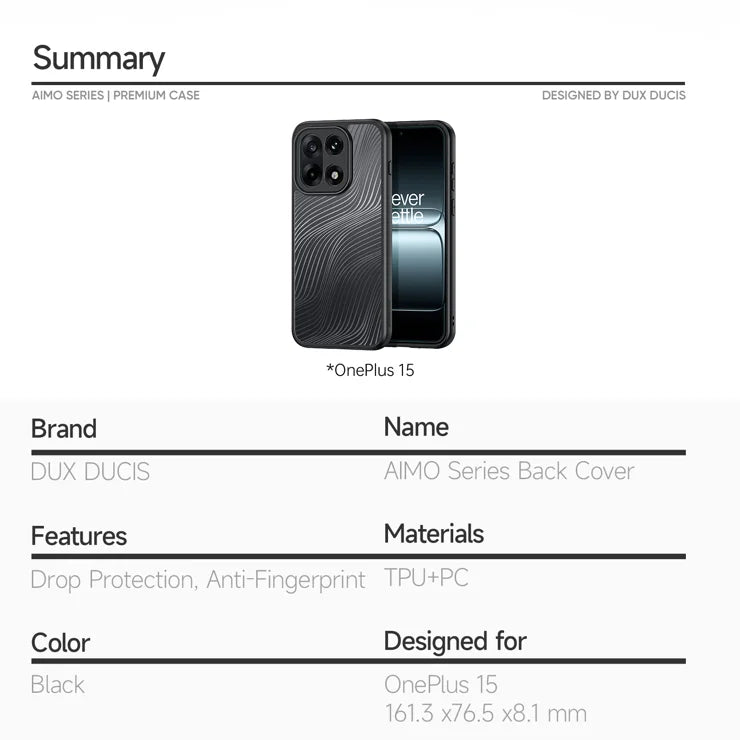DUX DUCIS OnePlus 15 5G -suojakuori, Aimo-sarja, TPU+PC, mattapintainen, pudotussuojattu (REACH-sertifioitu) – musta