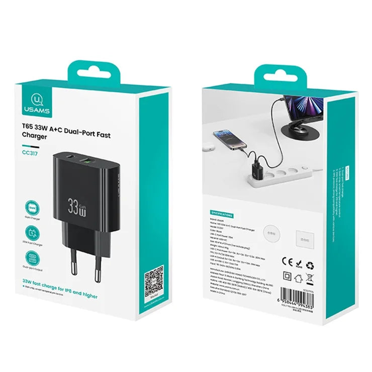 USAMS CC317 T65 33W Fast Charger for iPhone 8-16 Series Dual Ports USB-A + USB-C GaN Power Adapter - EU Plug / Black