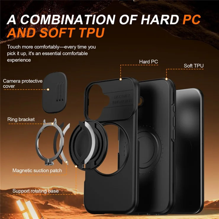 iPhone 16 Case Magnetic Case Ring Kickstand Slide Camera Cover TPU PC Hybrid Phone Shell - Black