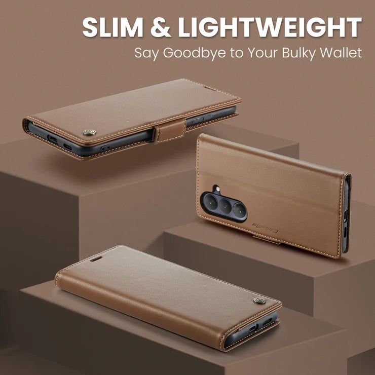 CASEME til Samsung Galaxy S26+ cover, 023-serien, RFID-blokerende glansfuldt stander telefoncover - brun