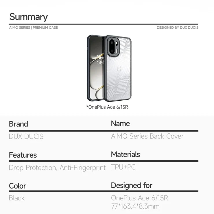 DUX DUCIS For OnePlus Ace 6 5G / OnePlus Ace 6T 5G / OnePlus 15R 5G Case Aimo Series TPU+PC Matte Drop-proof Phone Cover (REACH Certification) - Black