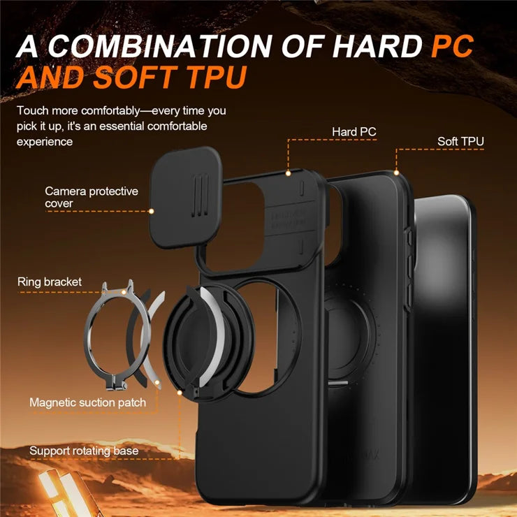 iPhone 16 Pro Case Magnetic Case Ring Kickstand Slide Camera Cover TPU PC Hybrid Phone Shell - Black