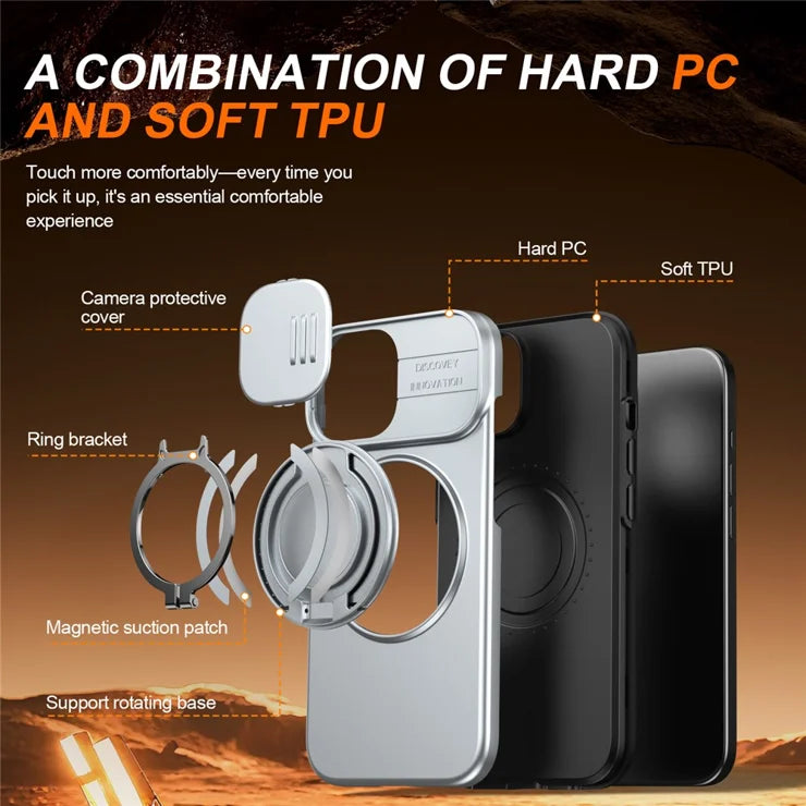 iPhone 15 Case Magnetic Case Ring Kickstand Slide Camera Cover TPU PC Hybrid Phone Shell - Silver