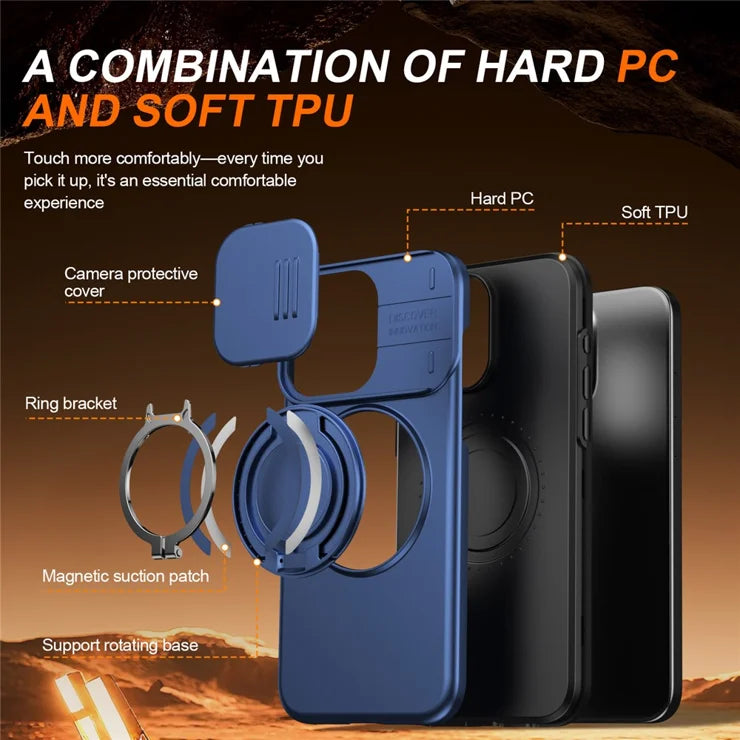 iPhone 15 Pro Max magneettinen kuori, jossa sormusjalusta ja liukuva kameransuoja, TPU PC -hybridipuhelinkuori - Sininen