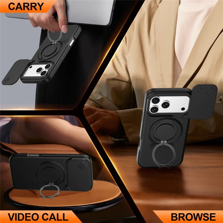 iPhone 17 Pro Max Magnetic Case Ring Kickstand Slide Camera Cover TPU PC Hybrid Phone Shell - Black