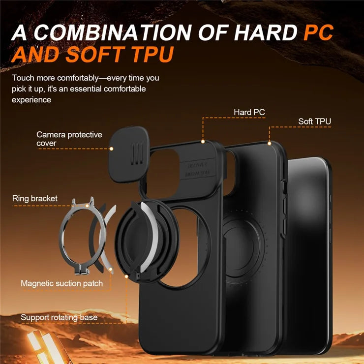 Til iPhone 15 Cover Magnetisk Cover Ring Kickstand Skyde Kamera Cover TPU PC Hybrid Telefoncover - Sort
