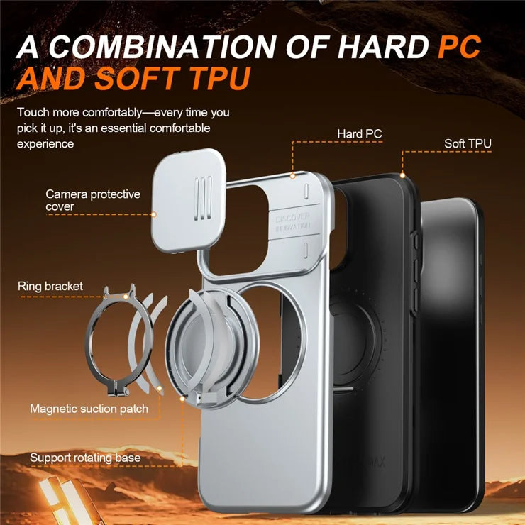 iPhone 16 Pro -kuori Magneettikuori sormustelineellä, liukuva kamerasuoja, TPU PC -hybridipuhelinkuori – Hopea