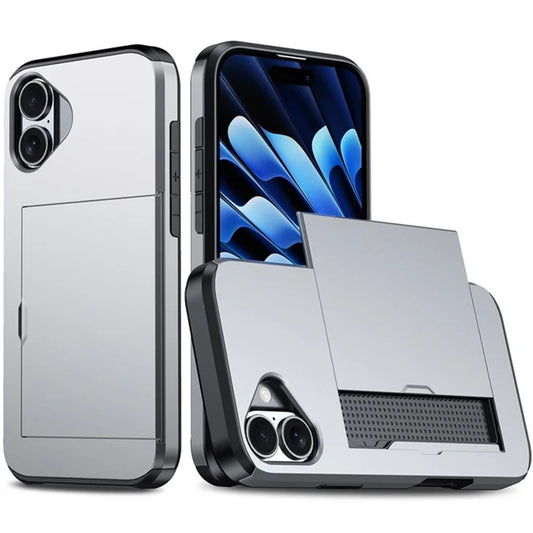 AMORUS For iPhone 16 Case with Sliding Card Holder PC TPU Phone Back Cover - Grey