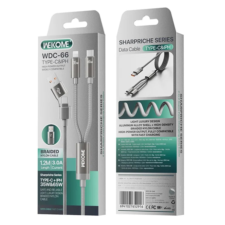 WEKOME WDC-66 USB / Type-C – Type-C / iP-kaapeli 1,2 m 3A 65W erittäin nopea lataus- ja tiedonsiirtokaapeli – harmaa