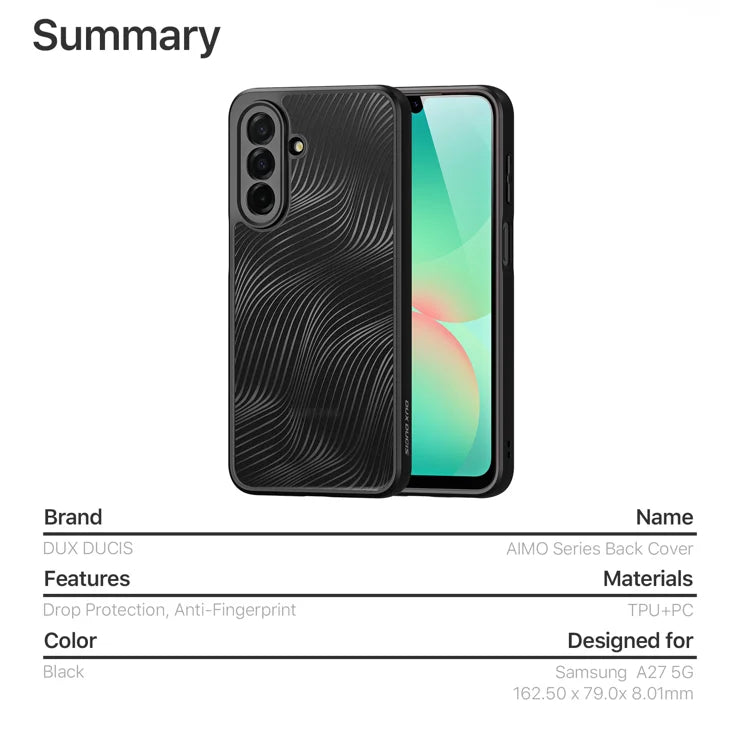 Dux Ducis Samsung Galaxy A27 Aimo-sarjan TPU+PC mattapintainen iskunkestävä puhelinkuori (REACH-sertifioitu) – musta