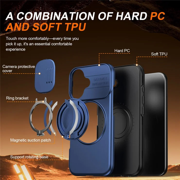 iPhone 16 Case Magnetic Case Ring Kickstand Slide Camera Cover TPU PC Hybrid Phone Shell - Blue