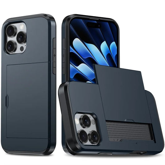 AMORUS For iPhone 16 Pro Case with Sliding Card Holder PC TPU Phone Back Cover - Navy Blue