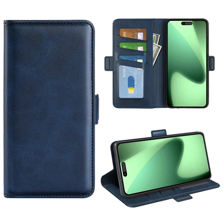 Til iPhone 17 Pro cover Kalveskind tekstur Læder tegnebogstelefoncover - Blå