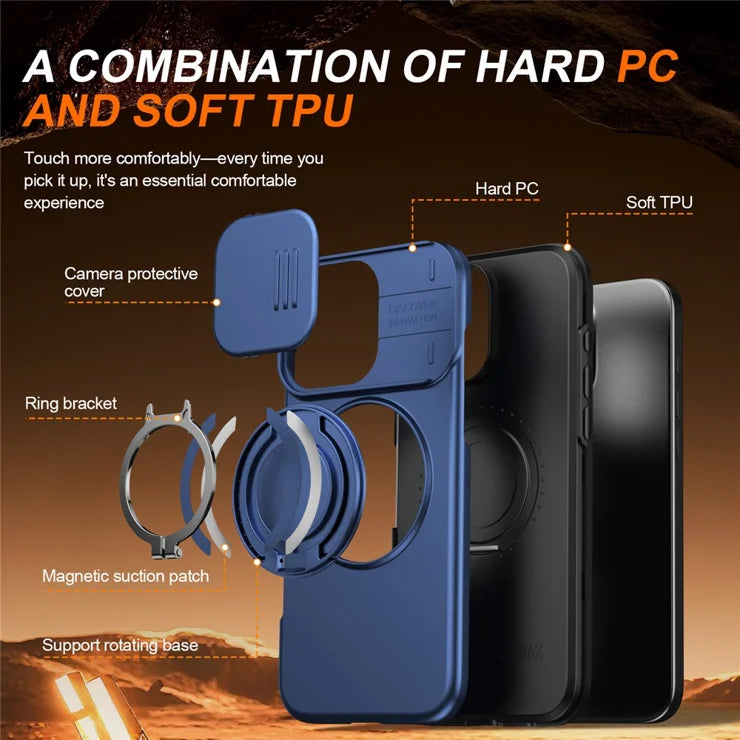 iPhone 16 Pro Case Magnetic Case Ring Kickstand Slide Camera Cover TPU PC Hybrid Phone Shell - Blue