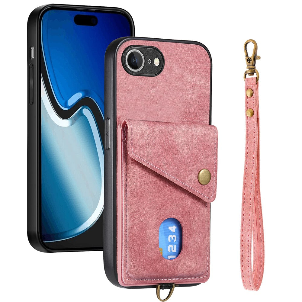 iPhone 17e / 16e Läderskal med Korthållare & Ställ - Rosa