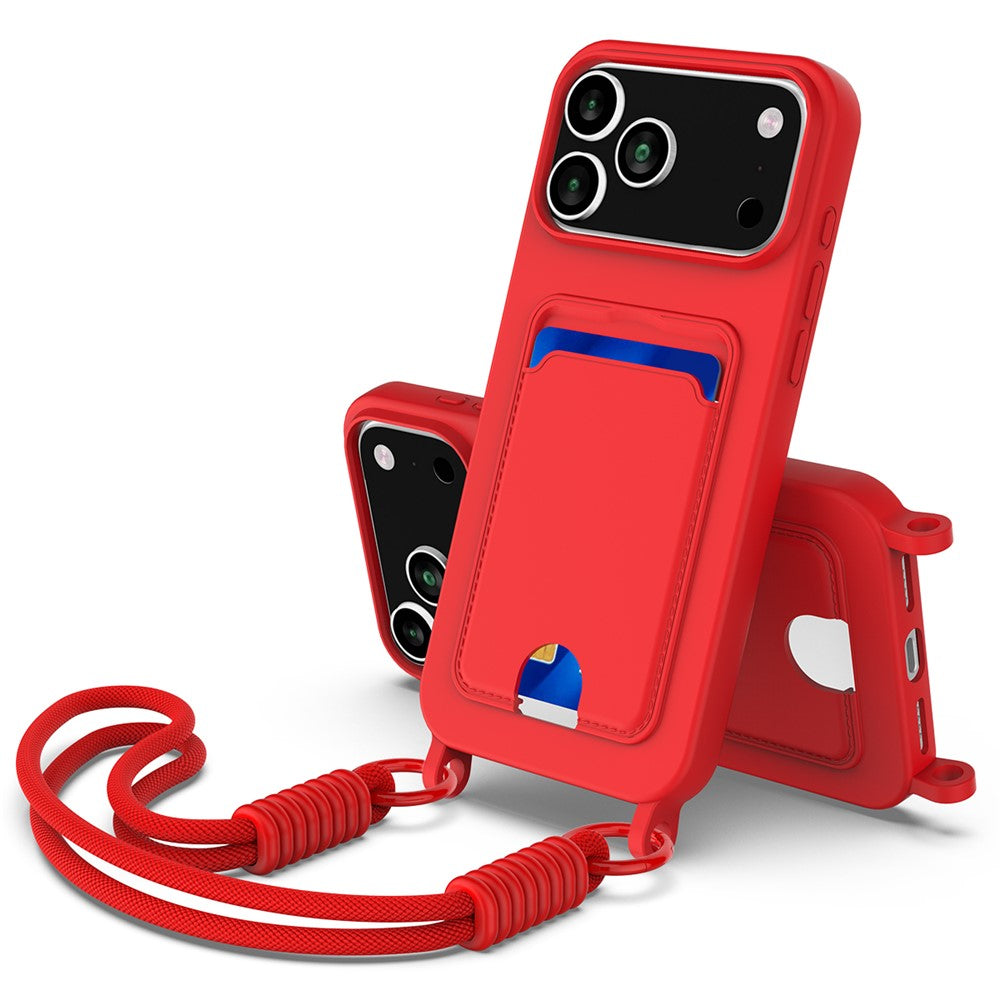 iPhone 17 Pro Silikonskal med Korthållare & Rem - Röd