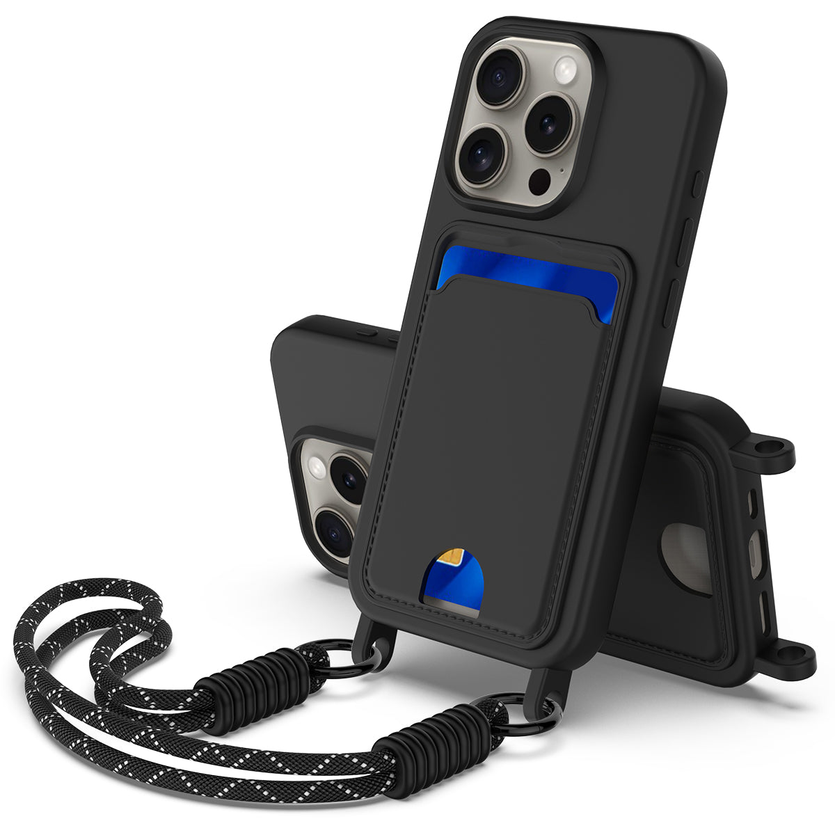 iPhone 16 Pro Silikonskal med Korthållare & Rem - Svart