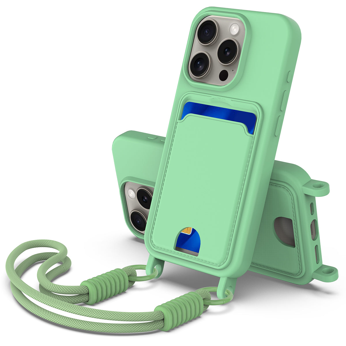 iPhone 16 Pro Max Silikonskal med Korthållare & Rem - Grön
