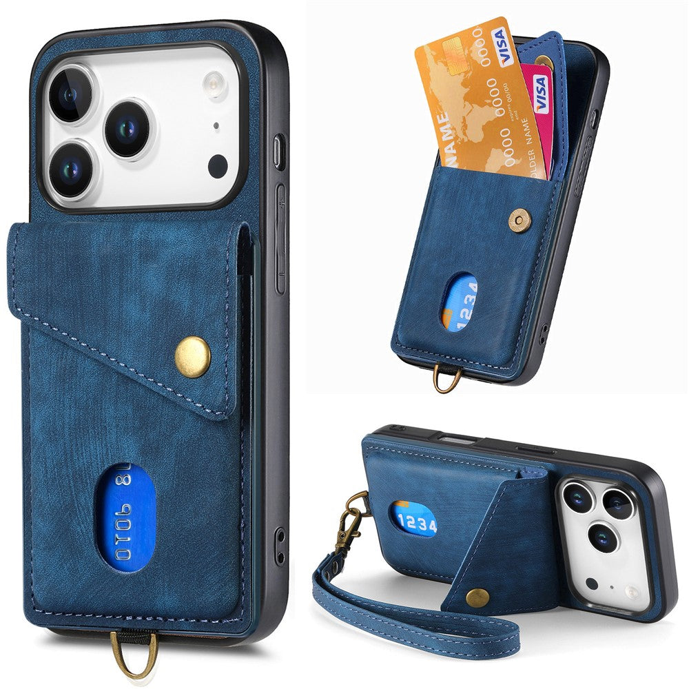 iPhone 17 Pro Max Läderskal med Korthållare & Ställ - Blå