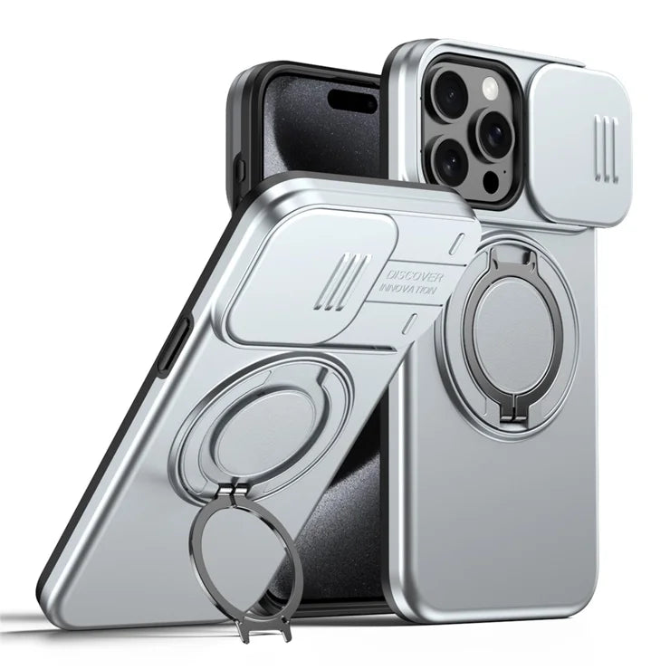 For iPhone 15 Pro Max Magnetic Case Ring Kickstand Slide Camera Cover TPU PC Hybrid Phone Shell - Grey