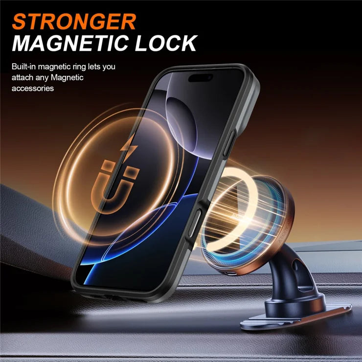 iPhone 16 Pro Case Magnetic Case Ring Kickstand Slide Camera Cover TPU PC Hybrid Phone Shell - Silver