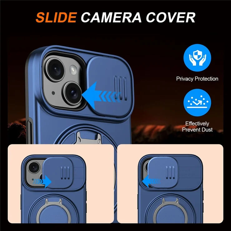iPhone 15 Plus  /  14 Plus Ring Kickstand Slide Camera Cover TPU PC Hybrid Phone Shell - Blue