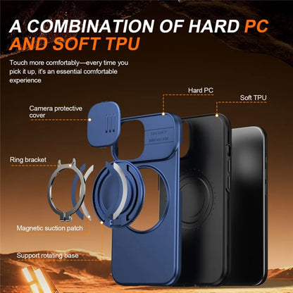 iPhone 15 Case Magnetic Case Ring Kickstand Slide Camera Cover TPU PC Hybrid Phone Shell - Blue