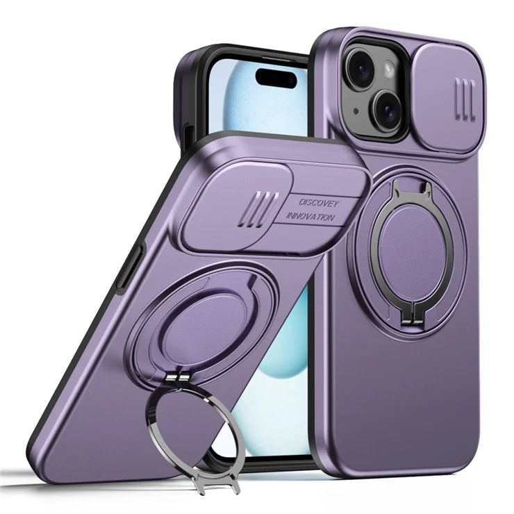iPhone 15 Case Magnetic Case Ring Kickstand Slide Camera Cover TPU PC Hybrid Phone Shell - Purple