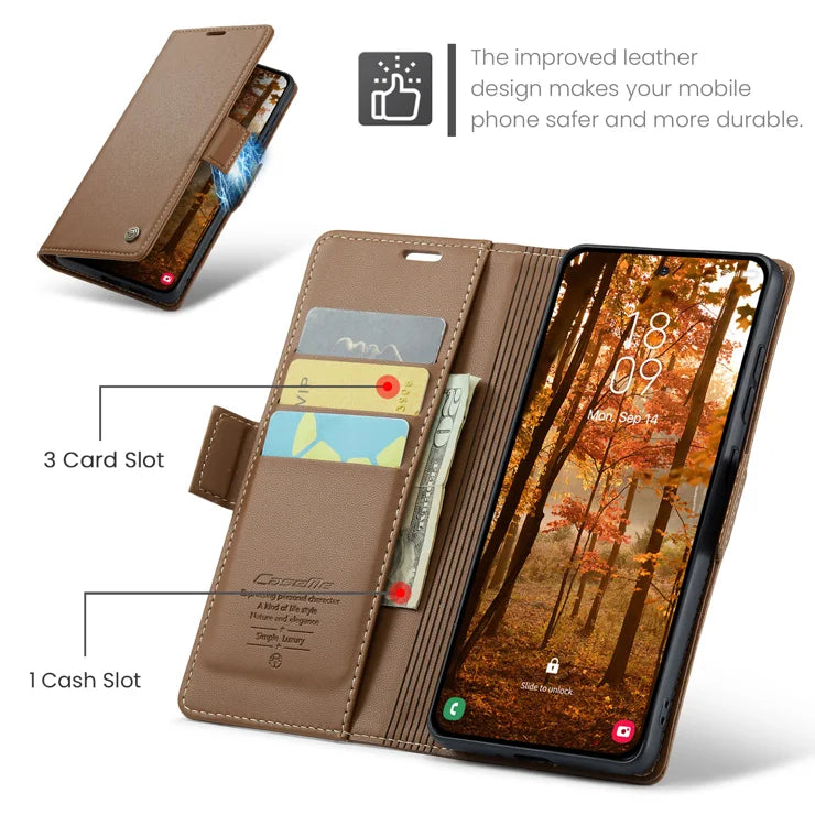 CASEME For Samsung Galaxy S26+ Case 023 Series RFID Blocking Glossy Stand Phone Cover - Brown