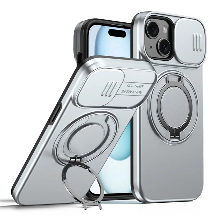 iPhone 15 Case Magnetic Case Ring Kickstand Slide Camera Cover TPU PC Hybrid Phone Shell - Silver