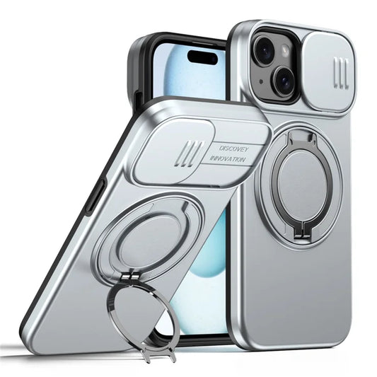 iPhone 15 -kuori, magneettinen, rengasjalusta, liukuva kamerasuoja, TPU PC -hybridipuhelinkotelo - hopea