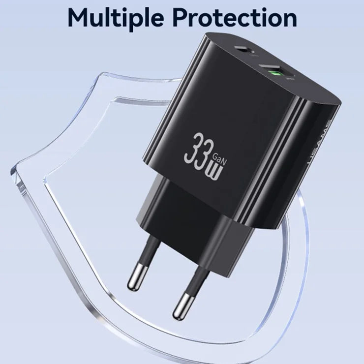 USAMS CC317 T65 33W Fast Charger for iPhone 8-16 Series Dual Ports USB-A + USB-C GaN Power Adapter - EU Plug / Black