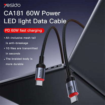 YESIDO CA181 1.2m USB C to USB C 60W Fast Charging Cable Aluminum Alloy Shell Data Cord