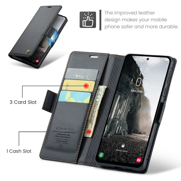 CASEME For Samsung Galaxy A56 5G Leather Case 023 RFID Blocking 3 Card Slot Mobile Cover - Black