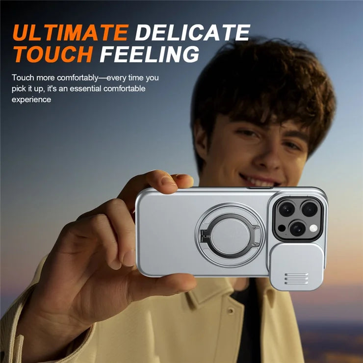 iPhone 15 Pro Case Magnetic Case Ring Kickstand Slide Camera Cover TPU PC Hybrid Phone Shell - Silver