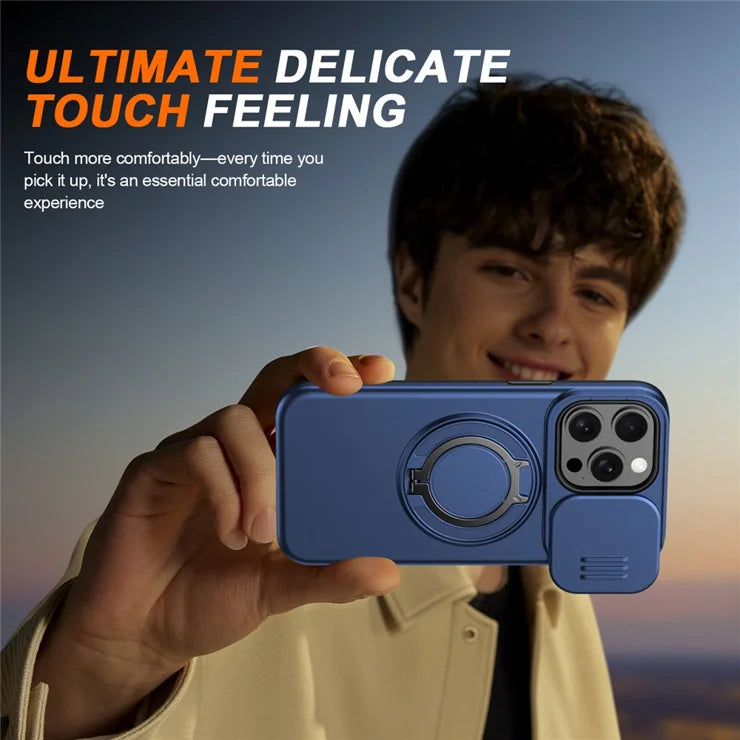 iPhone 15 Pro Max Magnetic Case Ring Kickstand Slide Camera Cover TPU PC Hybrid Phone Shell - Blue