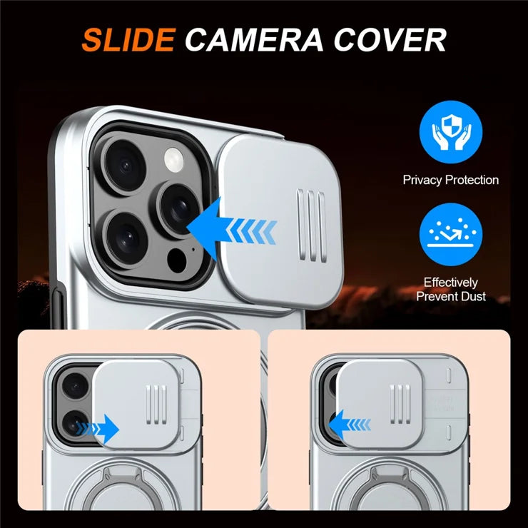 iPhone 15 Pro Case Magnetic Case Ring Kickstand Slide Camera Cover TPU PC Hybrid Phone Shell - Silver