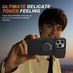 iPhone 16 Pro Case Magnetic Case Ring Kickstand Slide Camera Cover TPU PC Hybrid Phone Shell - Black