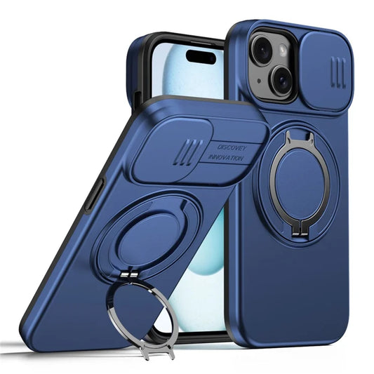 iPhone 15 -kotelo Magneettikotelo Sormustandardilla Liukuva kamerakansi TPU PC Hybrid -puhelinkuori – Sininen