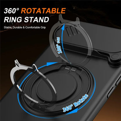 iPhone Air Magnetic Case Ring Kickstand Slide Camera Cover TPU PC Hybrid Phone Shell - Black