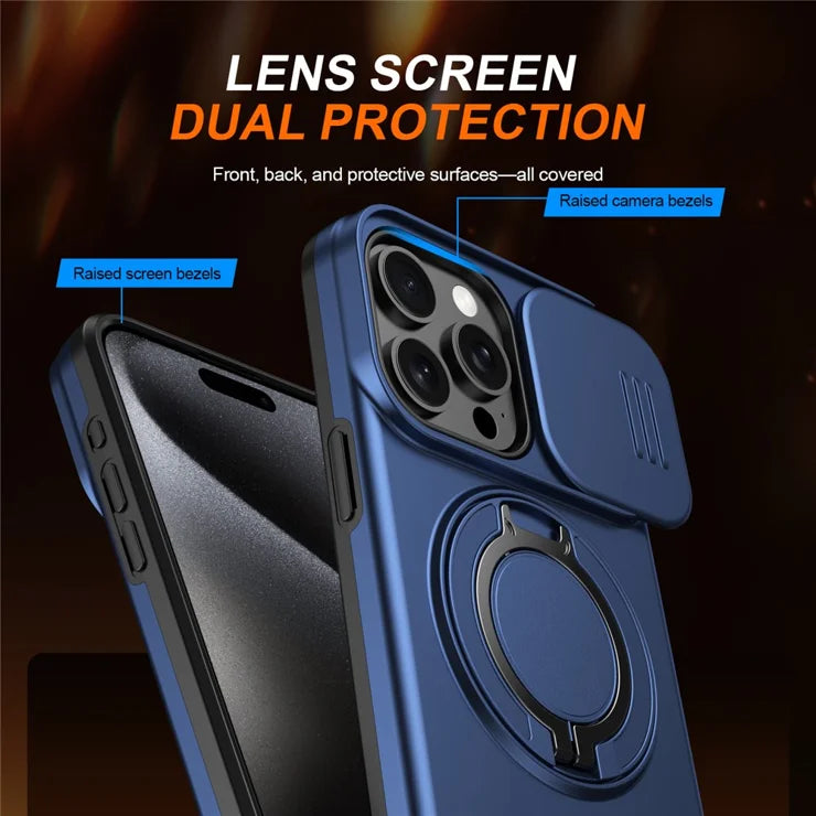 iPhone 15 Pro Max Magnetic Case Ring Kickstand Slide Camera Cover TPU PC Hybrid Phone Shell - Blue