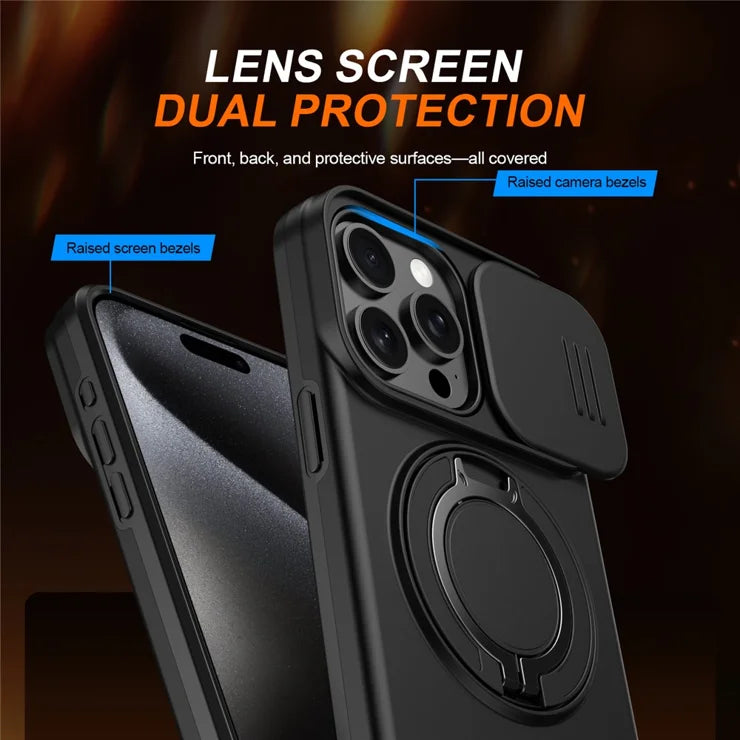 iPhone 15 Pro Case Magnetic Case Ring Kickstand Slide Camera Cover TPU PC Hybrid Phone Shell - Black