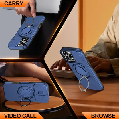 iPhone 16 Pro Case Magnetic Case Ring Kickstand Slide Camera Cover TPU PC Hybrid Phone Shell - Blue