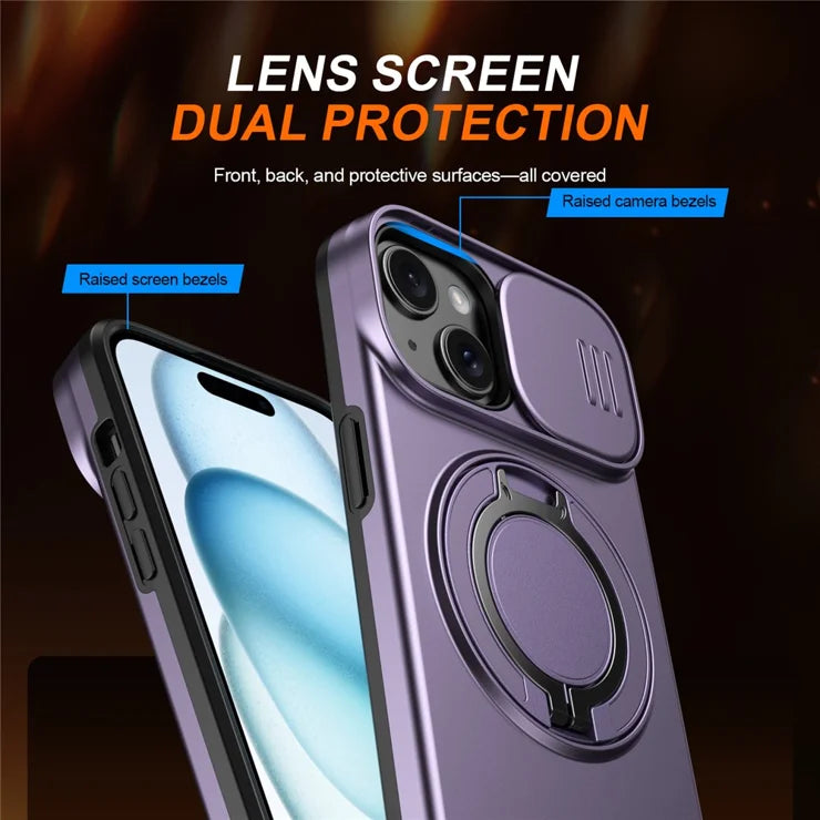 iPhone 15 Case Magnetic Case Ring Kickstand Slide Camera Cover TPU PC Hybrid Phone Shell - Purple