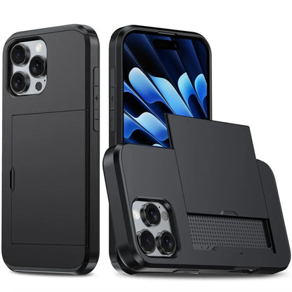 AMORUS For iPhone 16 Pro Case with Sliding Card Holder PC TPU Phone Back Cover - Black