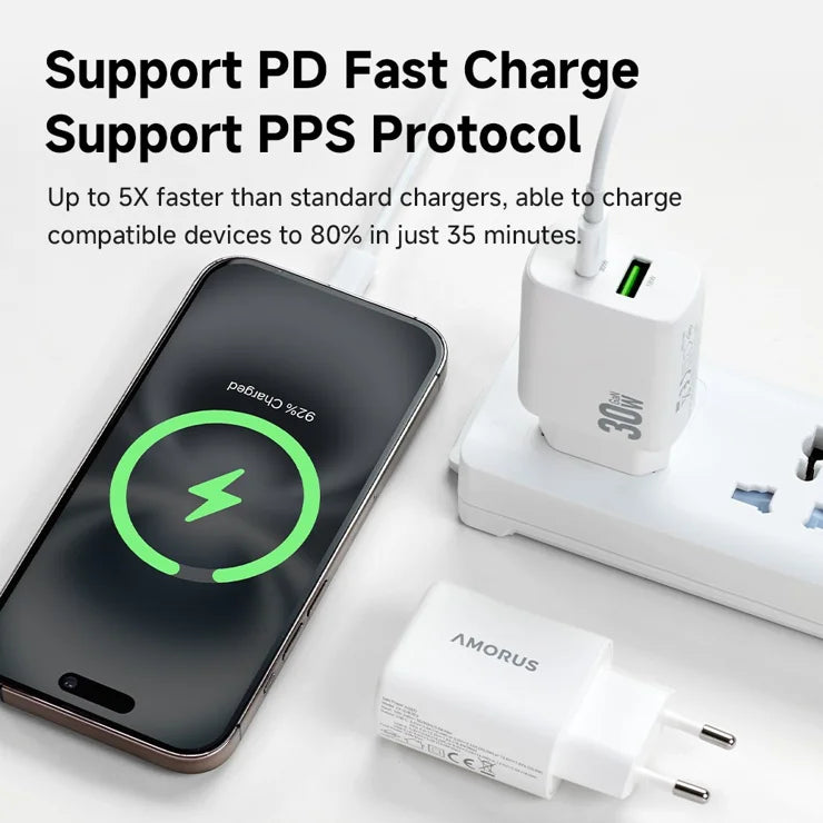AMORUS PD 30W Type-C + QC 18W USB-A Dual Port GaN Power Adapter Fast Charging Wall Charger for Phone Tablet - EU Plug