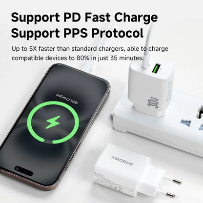 AMORUS PD 30W Type-C + QC 18W USB-A Dual Port GaN Power Adapter Fast Charging Wall Charger for Phone Tablet - EU Plug