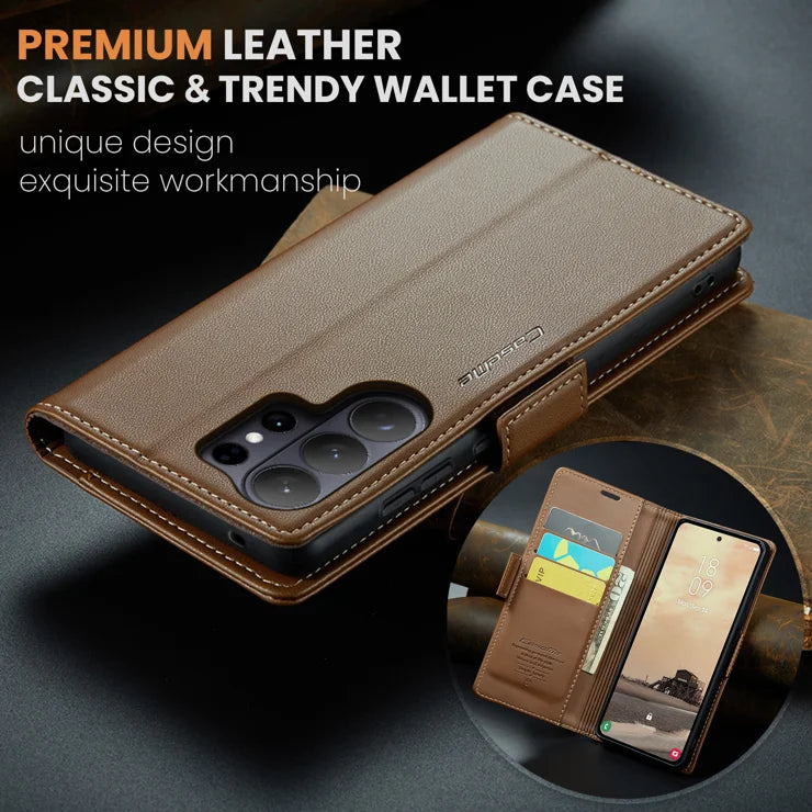 CASEME For Samsung Galaxy S26 Ultra Case  023 Series RFID Blocking Glossy Stand Phone Cover - Brown