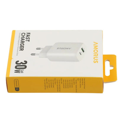 AMORUS PD 30W Type-C + QC 18W USB-A Dual Port GaN Power Adapter Fast Charging Wall Charger for Phone Tablet - EU Plug